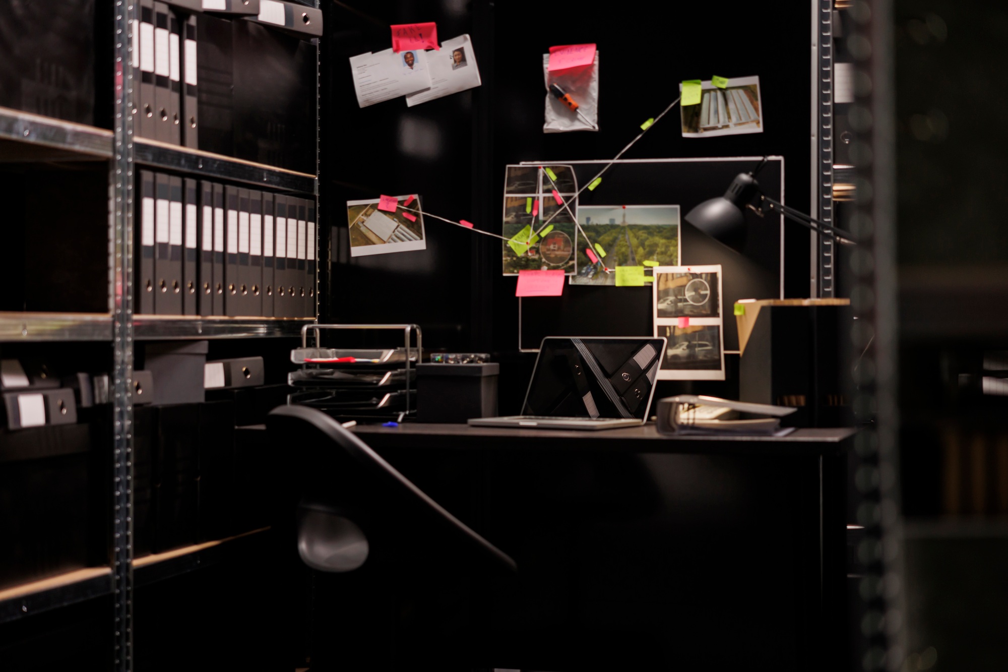 Private investigator office with detective board and desk