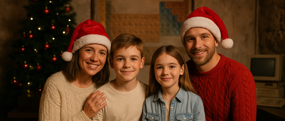 Familia celebrando un escape room con decoración navideña en Santander, ordenador vintage y árbol de Navidad
