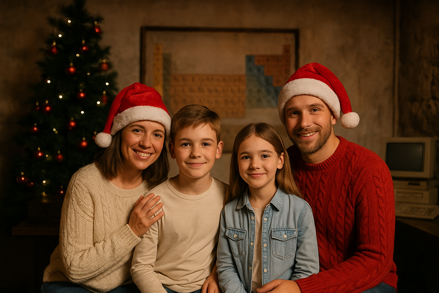 Familia celebrando un escape room con decoración navideña en Santander, ordenador vintage y árbol de Navidad